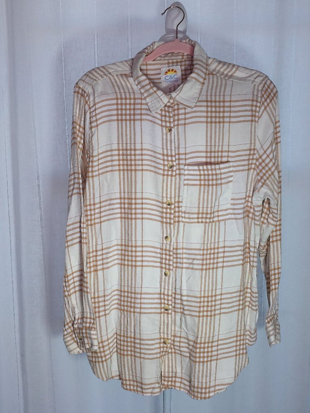 C&C CALIFORNIA Flannel Shirt Collared Button-Up White w/Tan Plaid NWOT XL - Picture 2 of 11